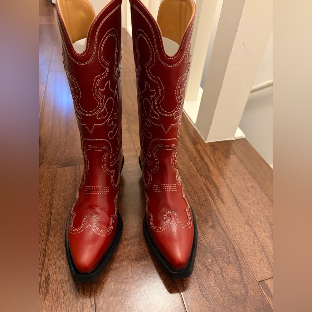 GANNI Embroidered Western Boots Red Leather Mid Calf Eu 40
